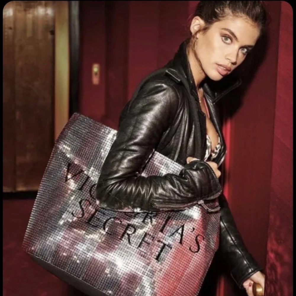 Victoria's Secret Pink and Silver Striped Sequin Tote